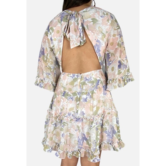DOTTI Pastel Floral Print Bell Sleeve Backless Ruffle Trim Mini Dress Size AU 12 - Picture 3 of 10
